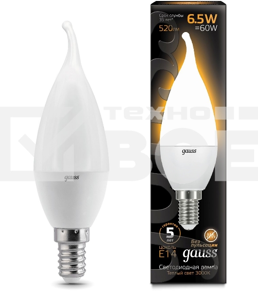 Лампа светодиодная Gauss 6.5Вт цок.:E14 свеча 220B 3000K св.свеч.бел.теп. (упак.:10шт) (104101107)