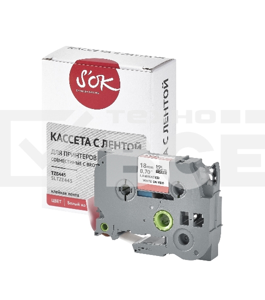 Кассета с лентой S'OK by Sakura Printing TZE445 для Brother, белый на красном, 18мм/8м, наклейка