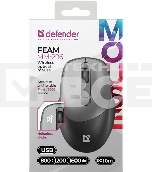 Мышь беспроводная Defender Feam MM-296 черный, 1600 dpi, радиоканал, USB, кнопки - 4