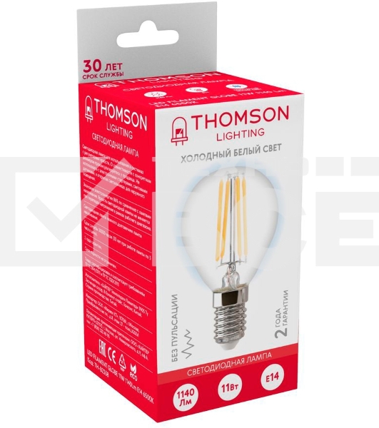 Лампа филаментная Thomson E14, шар, 11Вт, 6500К, белый холодный, TH-B2338, 1 шт.
