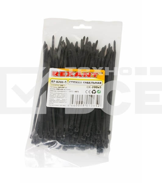 Хомут-стяжка кабельная нейлоновая Rexant 200 x4,8 мм, черная, упаковка 100 шт.