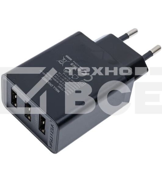 Сетевое зарядное устройство Vention на 3 порта USB 2.4A Черный
