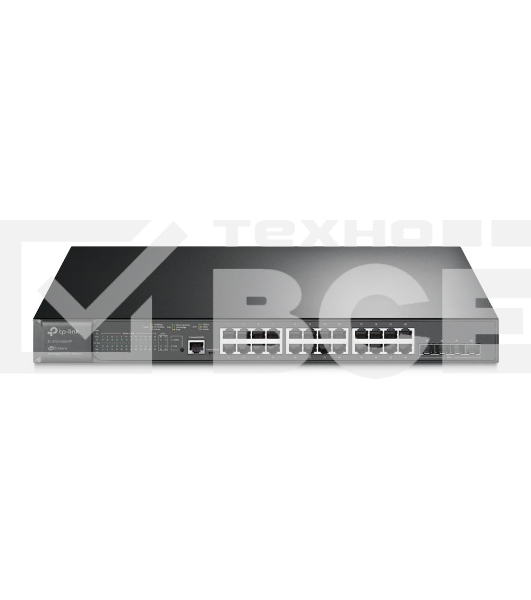 Коммутатор TP-Link 24-port Gigabit Managed PoE switch with 4 10G SFP+ ports, support 802.3af/at PoE, 1 console port, 19-inch rack mount, support L2/L2+ features.