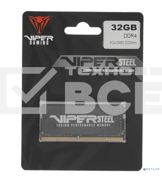 Оперативная память Patriot Steel Series, DDR4, 32GB (1x32 GB), 3200 MHz, CL22, радиатор, черный, SO-DIMM