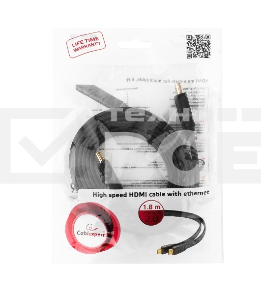 Кабель Cablexpert HDMI CC-HDMI4F-6, 19M/19M, v2.0, медь, позол.разъемы, экран, плоский кабель, 1.8м, черный, пакет