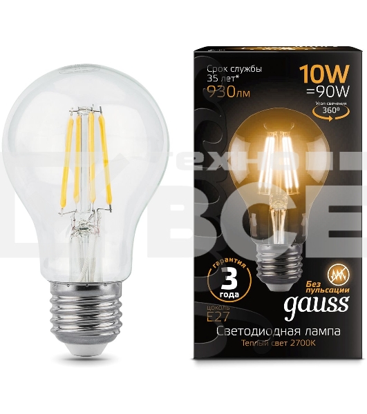 Лампа филам. Gauss 10Вт цок.:E27 шар 220B 2700K св.свеч.бел.теп. A60 (упак.:10шт) (102802110)