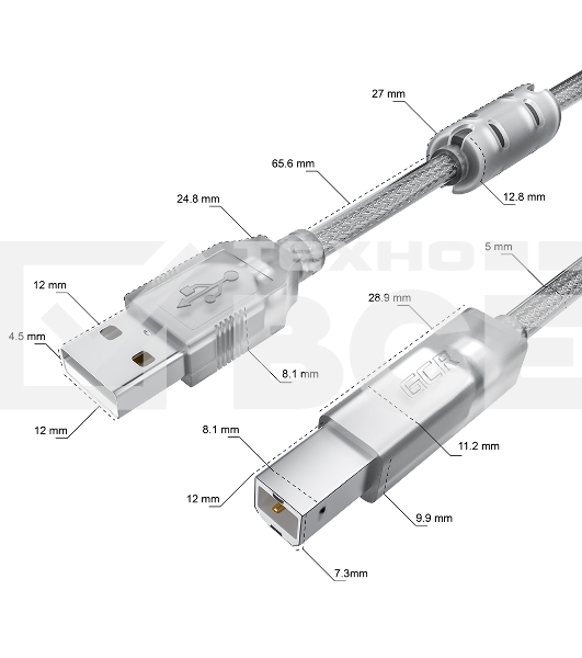Кабель GCR PROF 0.75m USB 2.0, AM/BM, прозрачный, ферритовые кольца, 28/24 AWG, экран, армированный, морозостойкий, GCR-52421 GCR Кабель PROF 0.75m USB 2.0, AM/BM, прозрачный, ферритовые кольца, 28/24 AWG, экран, армированный, морозостойкий, GCR-52421