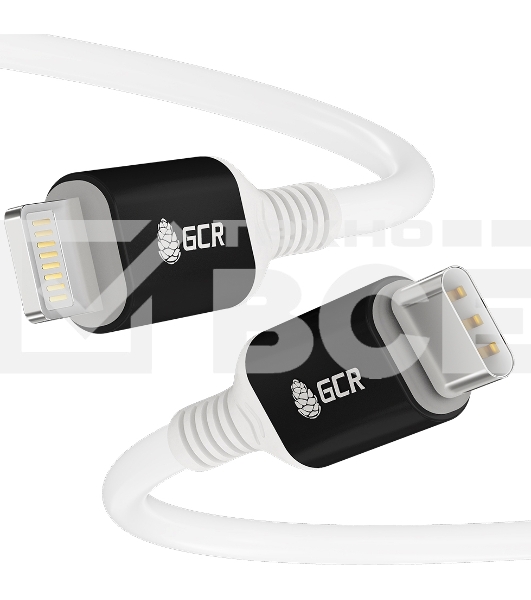 Кабель GCR PREMIUM 0.5m TypeC/Lightning MFI POWER DELIVERY 18 W, быстрая зарядка, белый силикон, AL case черный, белый ПВХ, GCR-53464