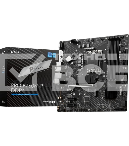 Материнская плата MSI PRO B760M-P DDR4, LGA 1700, Intel B760, 4xDDR4, 4xSATA, 2xM.2, 1xPCIe 4.0 x16, 2xPCIe 3.0 x1, 1xHDMI, 1xDP, 1xVGA, 1x1Gb LAN, 4xUSB-A 2.0, 1xUSB-A 3.2 Gen 1, 1xUSB-C 3.2 Gen 2, 3x3.5 мм, 7.1, mATX