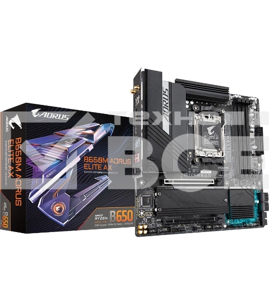 Материнская плата Gigabyte B650M AORUS ELITE AX, AM5, AMD B650, 4xDDR5, 4xSATA, 2xM.2, 1xPCI-E 5.0 x4, 1xPCI-E 4.0 x16, 1xHDMI, 1xDP, 1x 2.5Gb LAN, 4xUSB-A 2.0, 5xUSB-A 3.2 Gen 1, 2xUSB-A 3.2 Gen 2, 1xUSB-C 3.2 Gen 2, 2x3.5 мм, 7.1, Micro-ATX