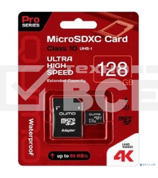 Флеш карта QUMO MicroSDXC 128 Gb 90/70 МБ/с UHS-I U3, Pro seria 3.0 , адаптер в комплекте SD, красная картонная упаковка