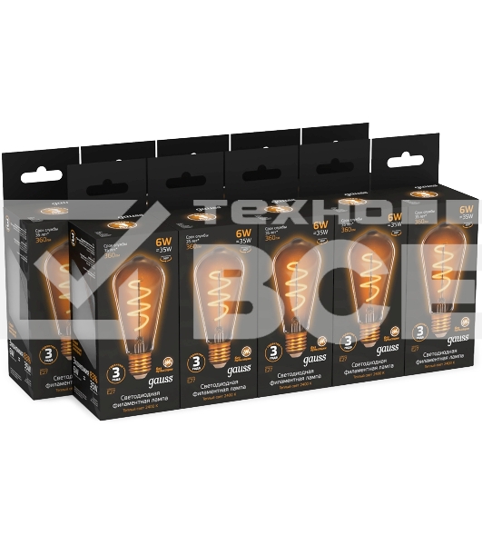 Лампа филам. Gauss Filament ST64 6Вт цок.:E27 эдисон 220B св.свеч.белый теп. (упак.:10шт) (157802006)