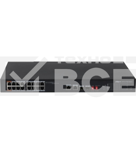 Неуправляемый 16-портовый коммутатор DAHUA DH-S3218-16ET-135 с РоЕ, 16xRJ45 100Mb, 2хКомбо SFP/RJ45 1Gb uplink, суммарно до 135Вт, коммутация 7.2 Гбит/с, MAC-таблица 8К