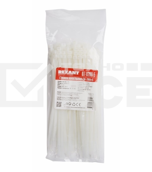 Хомут-стяжка кабельная нейлоновая Rexant 200 x4,8 мм, белая, упаковка 100 шт.