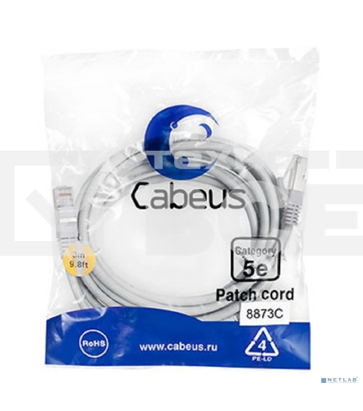 Шнур комм. Cabeus, Cat.5e, экр., F/UTP, RJ45/RJ45, LSZH, AWG24, 3м, серый