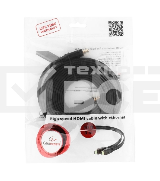 Кабель Cablexpert HDMI CC-HDMI4F-10, 19M/19M, v2.0, медь, позол.разъемы, экран, плоский кабель, 3м, черный, пакет