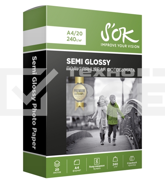 Фотобумага RC Semi Glossy Premium; 240gsm; A4*20Полуглянцевая Премиум; 240г/м2; формат А4; 20 листов RC