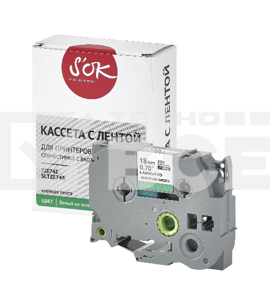Кассета с лентой S'OK by Sakura Printing TZE745 для Brother, белый на зеленом, 18мм/8м, наклейка