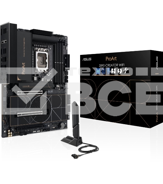 Материнская плата ASUS ProArt Z890-CREATOR WIFI, LGA 1851, Intel Z890, 4xDDR5, 4xSATA, 5xM.2, 2xPCIe 5.0 x16, 1xPCIe 4.0 x16, 1xHDMI, 1xDP, 1x 10Gb LAN, 1x 2.5Gb LAN, 2xUSB-C 10Gbps, 6xUSB-A 10Gbps, 1xUSB-A 2.0, 7.1, ATX