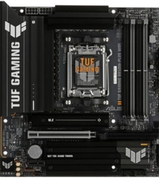 Материнская плата ASUS TUF GAMING B850M-E WIFI, AM5, AMD B850, 4xDDR5, 4xSATA, 3xM.2, 1xPCIe 5.0 x16, 1xPCIe 3.0 x1, 1xHDMI, 2xDP, 1x2.5Gb LAN, Wi-Fi 6E, Bluetooth 5.3, 1xUSB-C 10Gbps, 1xUSB-A 10Gbps, 2xUSB-A 5Gbps, 4xUSB-A 2.0, 3x3.5 мм, 7.1, mATX