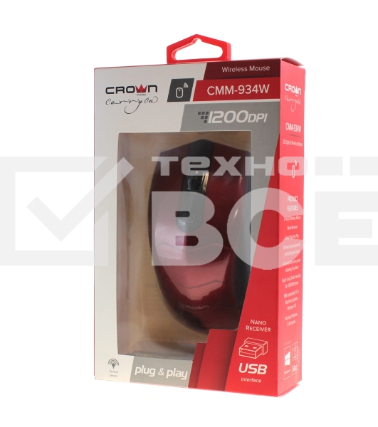Мышь беспроводная Crown CMM-934W красный/черный, 1200 dpi, радиоканал, USB, кнопки - 4