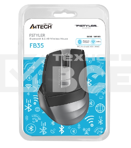 Мышь беспроводная A4Tech Fstyler FB35 серый, 2000 dpi, радиоканал, Bluetooth, USB, кнопки - 6