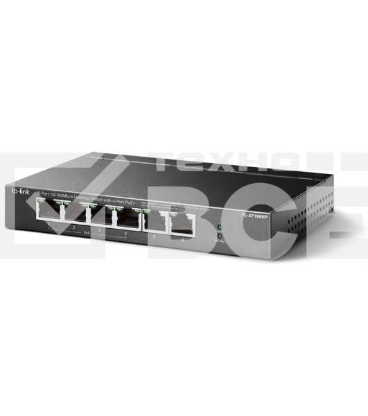 Коммутатор TP-Link 4-port 10/100Mbps Unmanaged PoE+ Switch with 2 10/100Mbps uplink ports, meta case, desktop mount, 4 802.3af/at compliant PoE+ port, 2 10/100Mbps uplink ports, DIP switches for Extend mode, Isolation mode and Priority mode, up to 250m Po