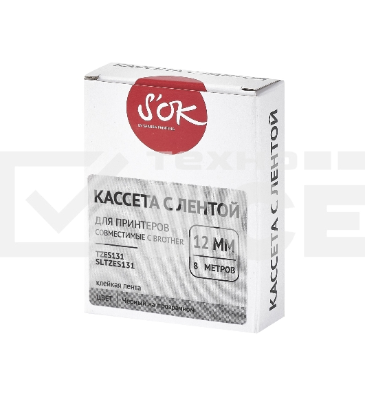 Кассета с лентой S'OK by Sakura Printing TZES131 для Brother, черный на прозрачном, 12мм/8м, наклейка