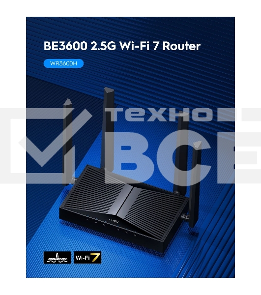 Маршрутизатор Cudy BE3600 2.5G Dual Band Wi-Fi 7 Mesh Router, Chipset Broadcom, 802.11be/ax/ac/a/b/g/n, 2882Mbps at 5GHz + 688Mbps at 2.4GHz, 1 x 2.5Gbps WAN Port, 4 x 10/100/1000Mbps Ports, 4 x 5dBi fixed antennas, WiFi router/AP/ Repeater/WISP Mode, PPT