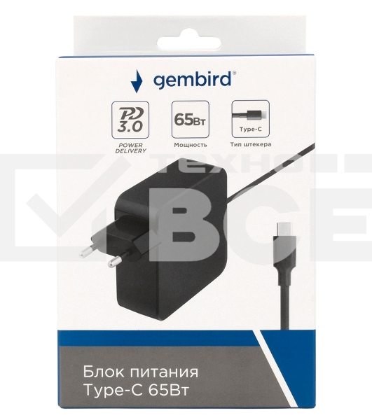 Блок питания Gembird для ноутбуков и Алисы NPA-DC11, PD3.0, 65Вт, штекер Type-C, коробка