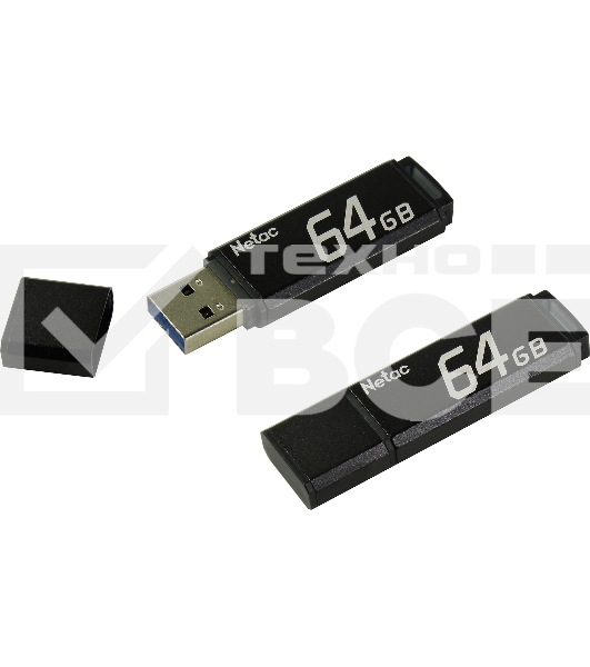 Флеш диск Netac U351 NT03U351N-064G-30BK, 64Gb, USB3.0, с колпачком, металлическая чёрная