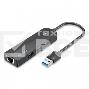 Сетевой адаптер Vention USB 3.0 M/Gigabit Ethernet RJ45 F+OTG хаб 3xUSB Черный - 0.15м.