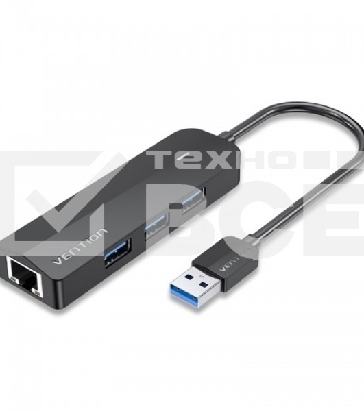 Сетевой адаптер Vention USB 3.0 M/Gigabit Ethernet RJ45 F+OTG хаб 3xUSB Черный - 0.15м.