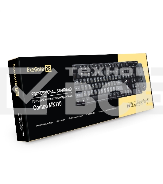 Комплект ExeGate Professional Standard Combo MK110 (клавиатура влагозащищенная 104кл. + мышь оптическая 1000dpi, 3 кнопки и колесо прокрутки, длина кабелей 1,5м; USB, черный, Color Box)