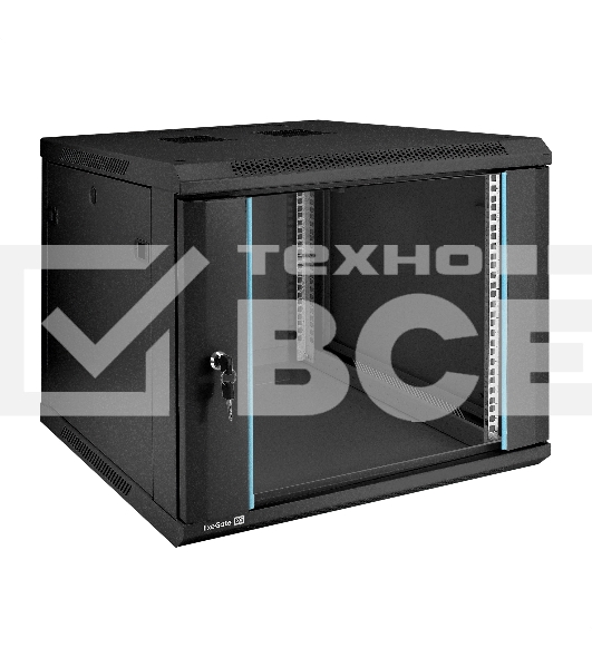 Шкаф телекоммуникационный 19' настенный 9U ExeGate EC-WM-9U.600.G.BLACK (19', 9U, 600x600x500мм (ШхГхВ), передняя дверь закаленное стекло, съемные боковые панели, пыле- и влагозащита IP23, черный RAL 9004)