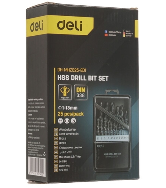 Набор сверл по металлу HSS (1-13мм, 25 шт) Deli DH-MHZ025-ED1 металлический кейс