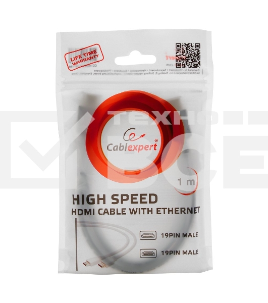 Кабель Cablexpert HDMI CC-HDMI4-W-1M, 19M/19M, v2.0, медь, позол.разъемы, экран, 1м, белый, пакет