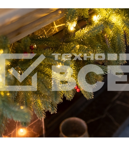 Еловый шлейф с ягодами и гирляндой NEON-NIGHT 1.8 м, 30 LED, 31 В, литой, теплое белое свечение