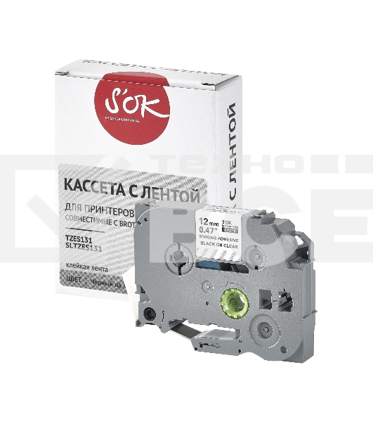 Кассета с лентой S'OK by Sakura Printing TZES131 для Brother, черный на прозрачном, 12мм/8м, наклейка