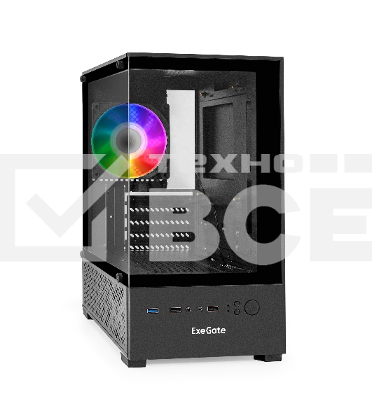 Компьютерный корпус Minitower ExeGate i3 SEA (mATX, БП 700NPX, 2*USB+1*USB 3.0, HD аудио, черный, 1 вент. 12см с RGB подсветкой, передняя и боковая панели - закаленное стекло)