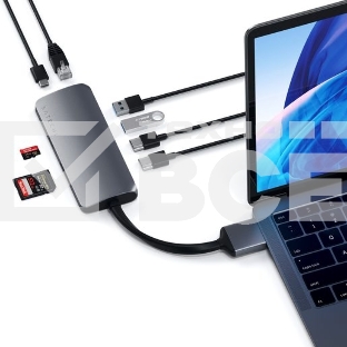 USB-хаб Satechi Type-C Dual Multimedia Adapter для Macbook с двумя портами USB-C (2019/2018 MacBook Pro, 2018 MacBook Air and 2018 Mac Mini). Цвет серый космос.