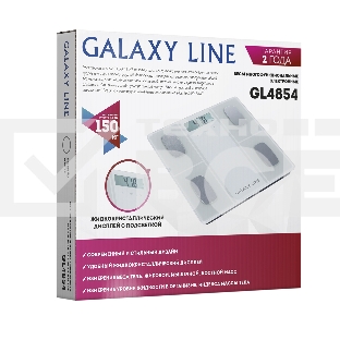 Весы напольные многофункциональные Galaxy Line GL 4854, белый, электронные, элемент питания типа «AAA», 2 шт в комплекте, сверхточная сенсорная электронная система, платформа из высокопрочного стекла, жидкокристаллический дисплей, максимально допустимый в