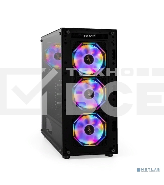 Компьютерный корпус Miditower ExeGate i3 BASE (ATX, без БП, с окном, 1*USB+1*USB3.0, аудио, 4 вент. 12см с RGB подсветкой)