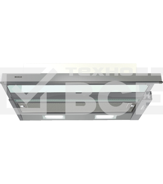 Встраивамая вытяжка с выдвижным экраном Bosch DFT63CA50Q Serie 2, 60 см, серебристый металлик, производительность до 300 м3/ч, режим отвода/циркуляции, 3 ступени мощности, кулисные переключатели, LED-освещение