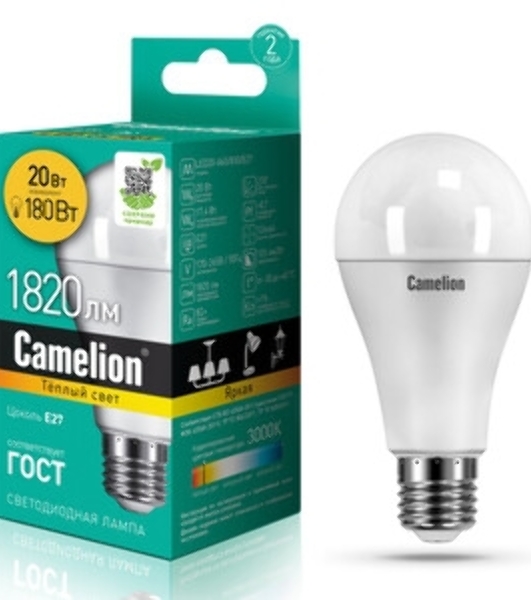 Лампа cветодиодная Camelion LED20-A65/830/E27 20Вт 220В 13164