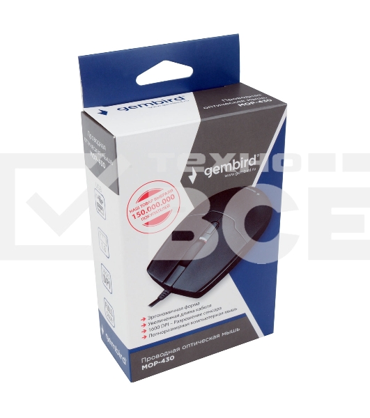 Мышь проводная Gembird MOP-430 черный, 1600 dpi, USB, кнопки - 4