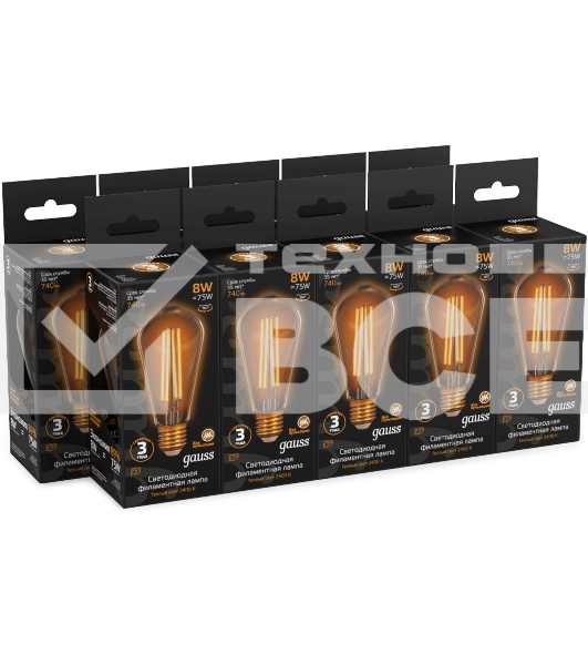Лампа светодиодная филаментная Gauss Filament ST64 8Вт цок.: E27 эдисон 220B св. свеч. бел. теп. (упак.: 10 шт)