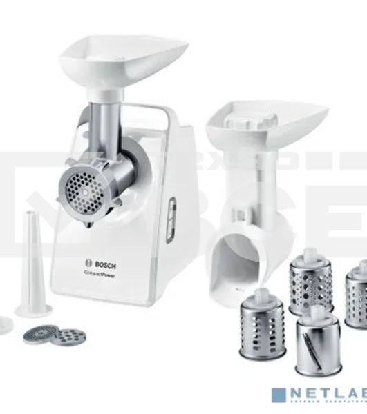 Мясорубка Bosch MFW3X13W CompactPower,2000Вт, 2,5 кг/мин, цвет: белый, механическая защ ита от перегрузки, 2 скор., реверс.Комплект: 2 диска для фарша, насадка для колбасок, насадка-терка (3 барабана)