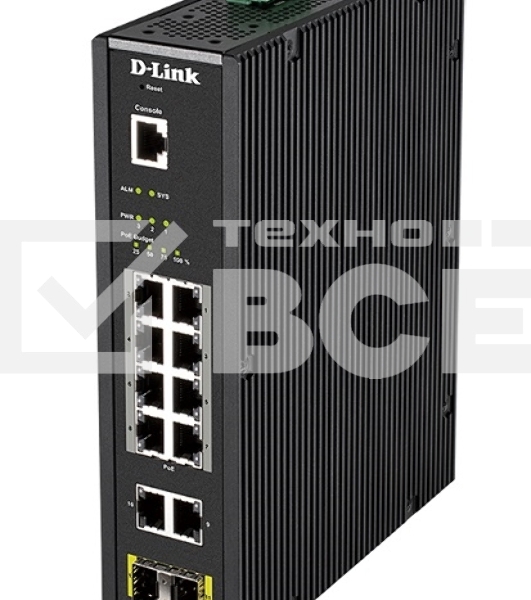 КоммутаторD-Link DIS-200G-12PS/A1A, L2 Managed Industrial Switch with 10 10/100/1000Base-T and 2 1000Base-X SFP ports (8 PoE ports 802.3af/802.3at (30 W), PoE Budget 123 W)8K Mac address, 802.3x Flow Control,