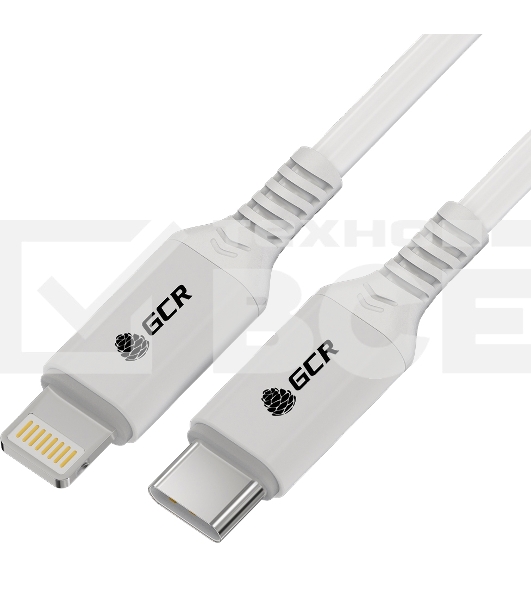 Кабель GCR PREMIUM 1.5m TypeC/Lightning MFI POWER DELIVERY 18 W, быстрая зарядка, белый силикон, AL case белый, белый ПВХ, GCR-53531
